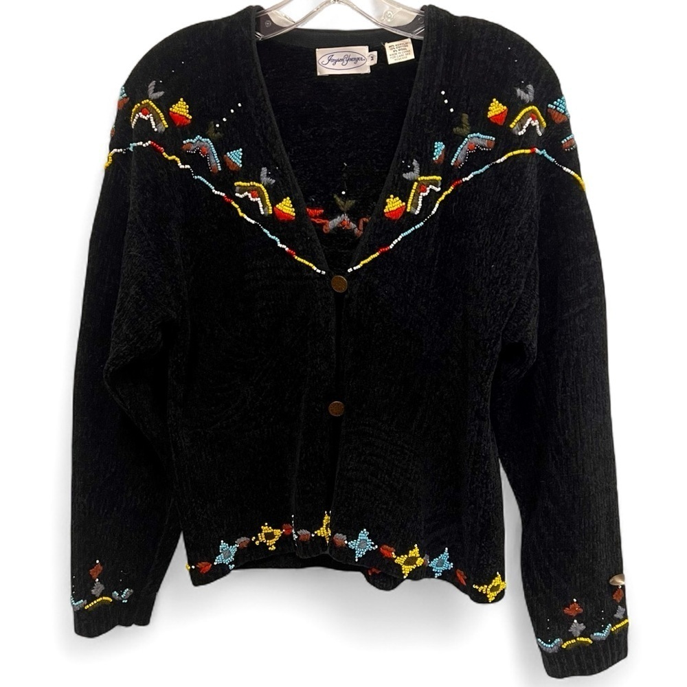 Vintage Jayson Younger Bead Embellished Knit Cardigan Sweater Black Size Medium